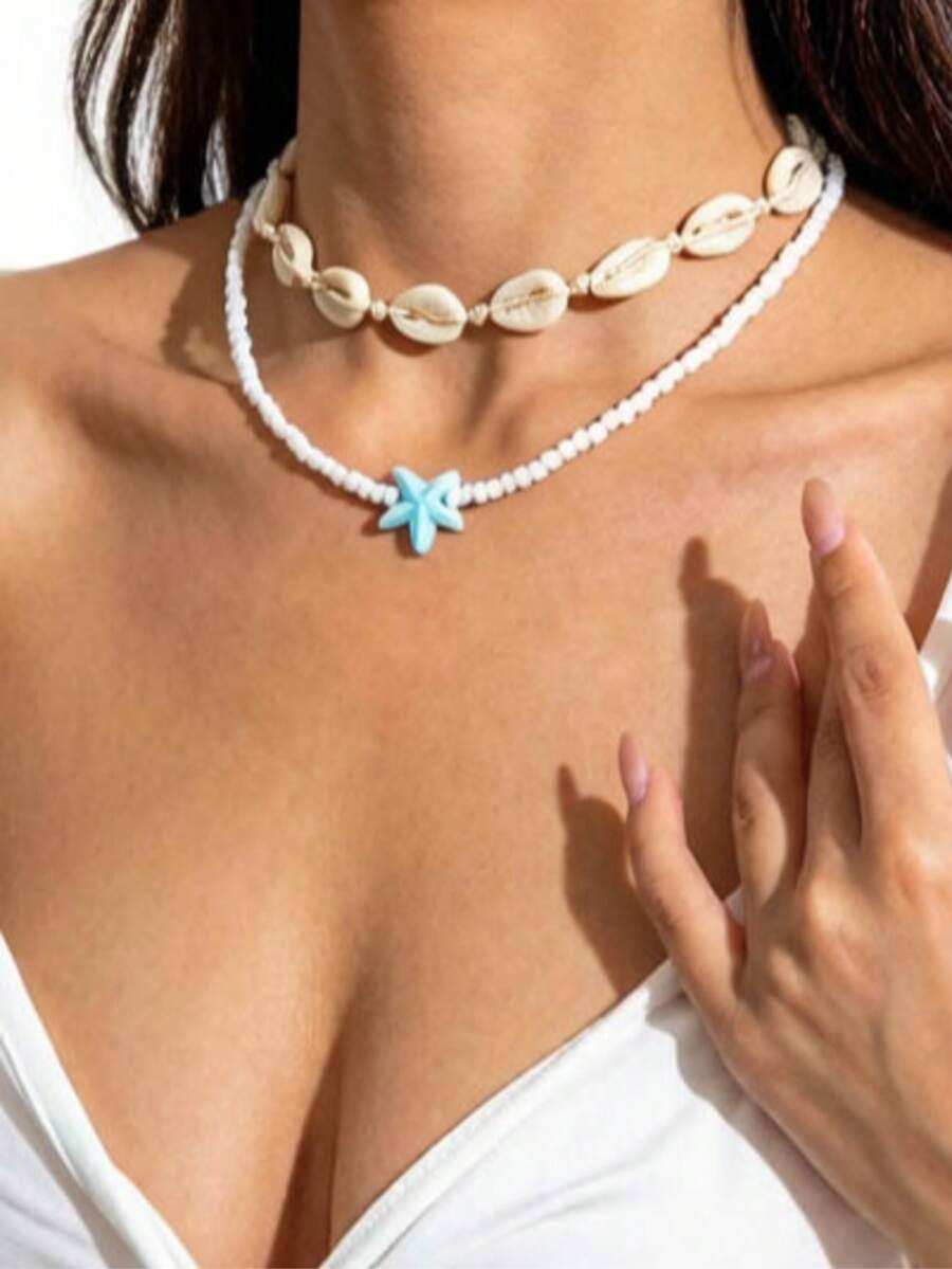 1 pieza/2 piezas Conjunto de collares geométricos con cuentas de estilo bohemio de poliéster y acrílico, regalo único para mujeres en vacaciones de playa