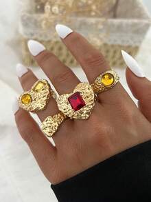 20/10/5件套复古优雅波西米亚风女士不规则褶皱彩色宝石、猫眼石、心形金属戒指套装，适合日常、派对、婚礼、节日、情人节、约会佩戴（随机发货） - 金色 - 查看 7