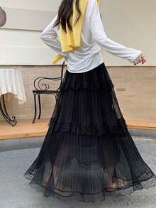 2026 Spring/Summer New High Waist Lace & Mesh Patchwork Pleated A-Line Skirt, Slimming Flowy Flared Skirt Black - Black - View 8