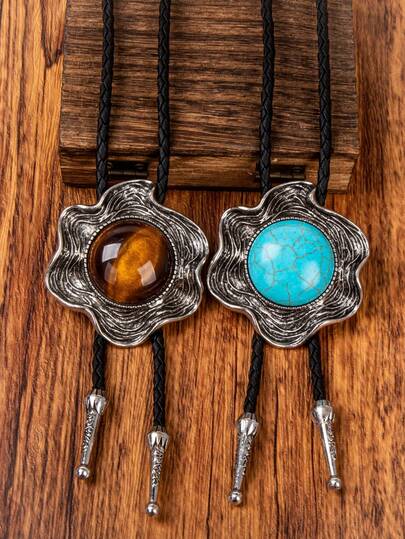 1pc Tiger Eye Flower Bolo Tie, Western Cowboy Style Shirt Accessory For Men