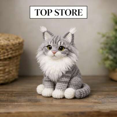 一套可爱的缅因猫DIY钩针套件，有灰色和棕色可选，非成品，需要手工制作，包含视频教程和说明书，适合初学者，是复活节、圣诞节、情人节和其他节日的完美礼物，温馨的手工制品，送给家人和朋友的贴心礼物！