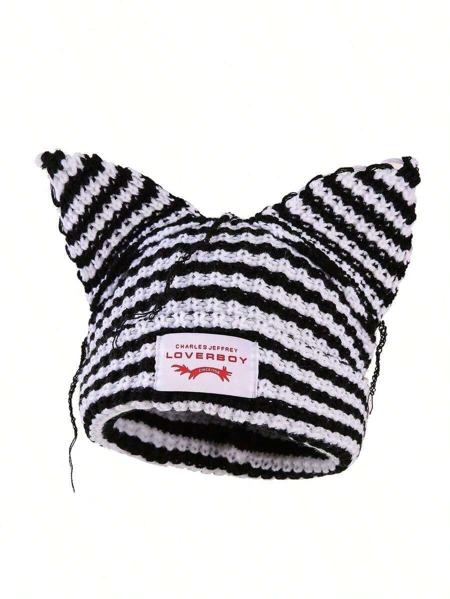 1pc Women's Fashion Striped Ear Adorned Distressed Fabric Tag Knitted Hat, Warm For Autumn/Winter Outfit Beanie Fall Outfit - Nhiều màu - Xem 1