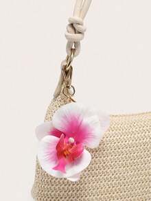Women's Underarm Shoulder Bag, Square Bag, PU Rope Flower Pendant, Large Capacity, Lightweight, Casual Fashionable Beach Vacation Style, Suitable For Shopping And Vacation , Beach Bag, Holiday, Straw Bag - 卡其色 - 查看 4