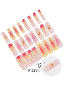 24片方形/裸色底色+火焰渐变+立体花朵的按压式美甲，完美融合了热带风情和华丽感，适合度假、派对、音乐节等个性化场景，是典型的辣妹风格假指甲。 - 彩色 - 查看 3