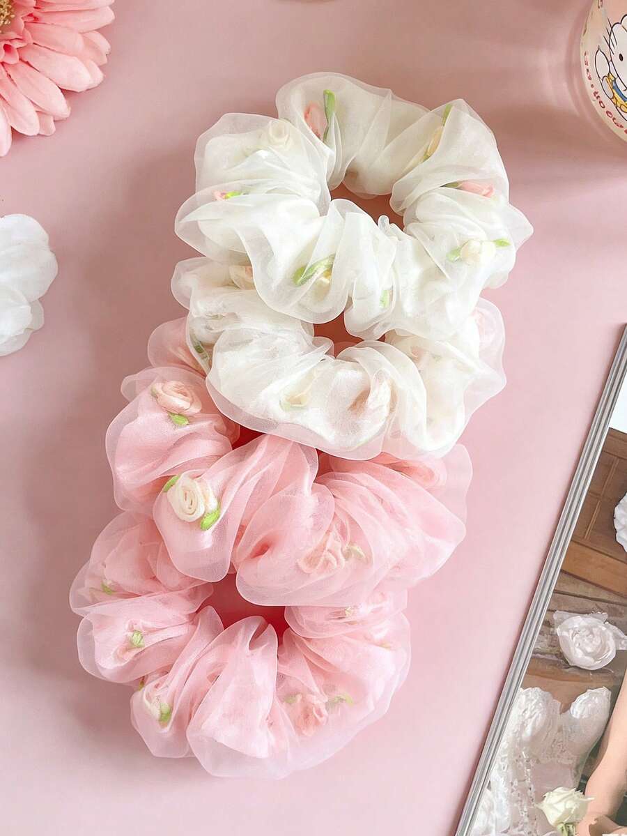 Conjunto de 2 piezas de lazos de pelo transparentes de organza simple para niñas, bandas elásticas para el cabello con bordado floral 3D, accesorios para el cabello franceses 2026, adecuados para uso diario para niñas - Multicolor - Ver 1