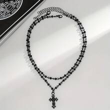 2pcs Gothic Style Faux Crystal Punk Cross Layered Pendant Necklace, Suitable For Women's Daily And Party Wear - Black - View 11