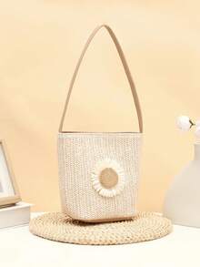 2026 New Minimalist Casual Chic Versatile Sunflower Straw Woven Bucket Bag, Women Tote Handbag For Beach Vacation - Khaki - View 4