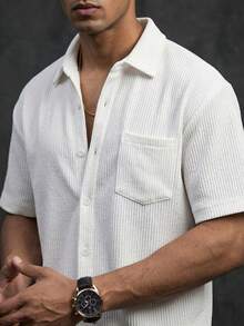 男士白色翻领休闲衬衫，轻盈透气竖条纹纹理衬衫，男士短袖衬衫，男士T恤，沙滩上衣，休闲海滩度假风，可机洗，舒适凉爽，适合夏季海滩度假 - 白色 - 查看 5