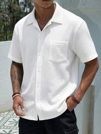男士白色翻领休闲衬衫，轻盈透气竖条纹纹理衬衫，男士短袖衬衫，男士T恤，沙滩上衣，休闲海滩度假风，可机洗，舒适凉爽，适合夏季海滩度假