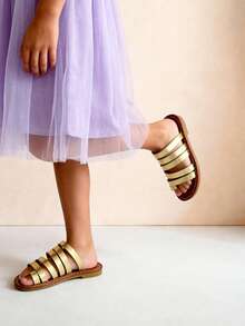 1 Pair Summer Kids Sandals, Gold Girls Flat Slides, Open Toe Slip-On Slippers, Soft Non-Slip Durable Sole, Suitable For Banquet, Party, Wedding, Vacation - Gold - View 2