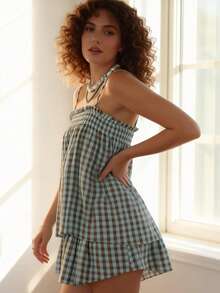 Women's 2 Piece Lounge Outfits Sleeveless Plaid Cami Tank Tops Wide Leg Shorts Sets - Blue-brown - View 2
