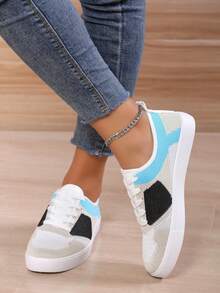 Summer Lace-Up Splice Running Shoes, Korean Fashion Casual Sneakers, Soft Sole Versatile Running Breathable Women Shoes - Blue - View 5