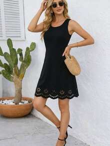 Women Sleeveless Round Neck Floral Print Imported Crepe Short Dress, 32619 - Black - View 3
