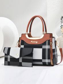 2pcs Plaid Print Retro Tote Bag, Multifunctional Large Capacity Crossbody Bag, Fashion Design, New Stylish Women Small Square Bag Handbag Shoulder Bag Versatile Casual Large Capacity Shoulder Crossbody Bag Suitable For Travel Shopping, New Elegant Women Tote Shoulder Crossbody Bag Versatile Casual Luxury Large Capacity Shoulder Crossbody Bag, Fashion Gift For Valentine's Day - Multicolor - View 11