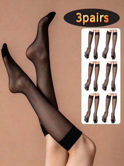 1双女士15D防勾丝中筒袜，黑色性感超薄透明多功能过膝长袜