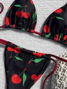 Women's Elegant Black Cherry Print Swimsuit Set, Perfect For Spring And Summer Beach Vacations, Seaside Activities And Stylish Holiday Outfits. - Multicolor - View 5