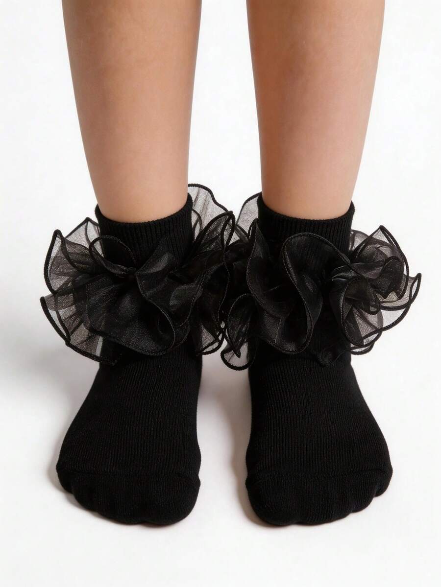 1 Pair Girls Ruffle Trim Princess Short Socks, Back To School Ballet Dance Uniform Socks For Infant Toddler Youth - Multicolor - View 1