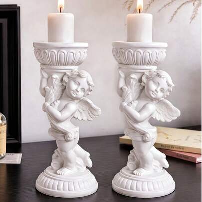 1个欧式复古天使烛台，浪漫树脂柱形烛台，适合烛光晚餐、情人节礼物和婚礼装饰