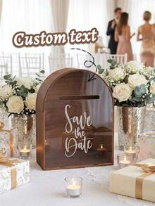 1pc Customized Text Arched Wooden Wedding Mailbox, Customizable Name, Card Holder With Acrylic Window, Wedding Mailbox Card Box With Slot, Printed Wooden Card And Money Collection Box For Wedding Ceremony And Bridal Shower, Rustic Style Wedding Card Holder - Multicolor - View 3