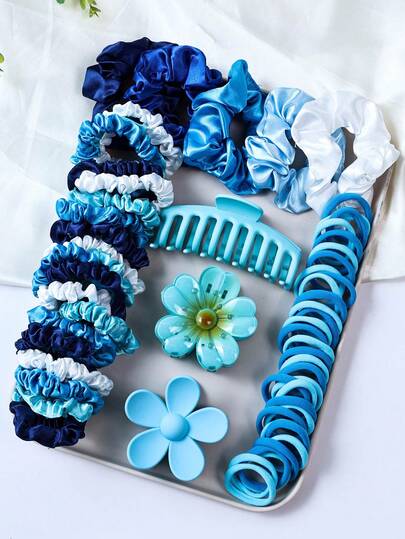 68 Pcs Girls Silky Satin Hair Scrunchies, Skinny Satin Hair Rope Hair Ties, Large Flower Hair Claw Clips, Stretchable Hair Bands Ponytail Holders Hair Accessories Set For Daily Use