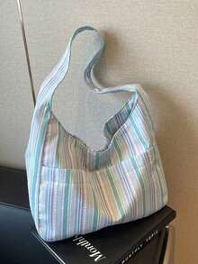 Large Capacity Women Cloth Tote Bag, Shoulder Bag, Casual Stripe Fabric Handbag , Pink , Beach - Màu xanh lam - Xem 8