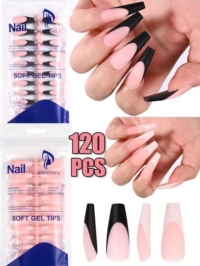 120pcs Nude Pink French Press-On For Nails, Fully Covered With A Frosted End, Featuring White And Black Designs. These Long Square Ballet-Style False For Nails Have A Matte End And Are Made From Soft Gel