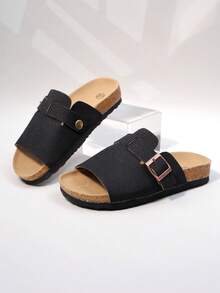 Minimalist Korean Style One-Strap Slide Sandals, Cream White Soft Cork Sole, Versatile Summer Shoes (Sole/Insole Color Random) - Black - View 7