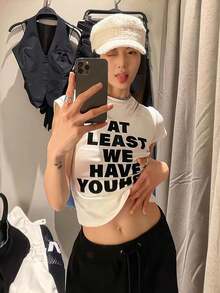 女款圓領短袖T恤，夏季新款字母印花，美式辣妹風，時尚休閒百搭修身短版上衣，白色 - 白色 - 查看 1