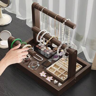 1 Giá đựng trang sức bằng gỗ 3 tầng có thanh treo và khay | Dùng để cất giữ dây chuyền, vòng tay, nhẫn, thích hợp cho bàn trang điểm, tủ quần áo, phòng ngủ | Trang trí nhà cửa phong cách cổ điển dành cho phụ nữ và bé gái