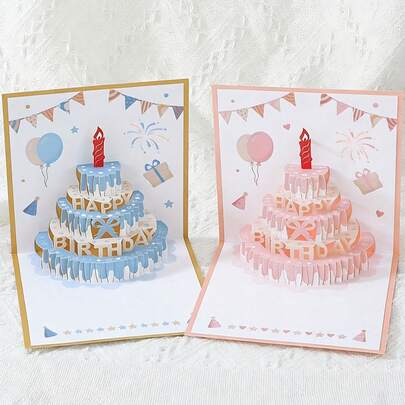 1 Thiệp chúc mừng sinh nhật bánh kem 3D, Thiệp chúc mừng gấp gọn dễ thương nhiều màu sắc kèm phong bì, Quà tặng cao cấp