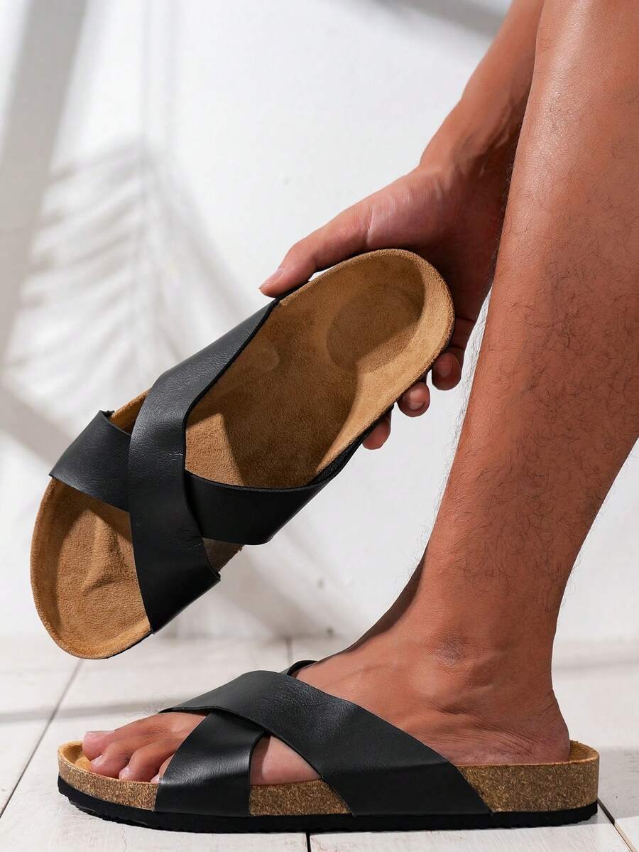 男士春秋季时尚加大码PU鞋面平底休闲拖鞋，简约搭扣装饰，软木纹理鞋底 - 黑色 - 查看 1