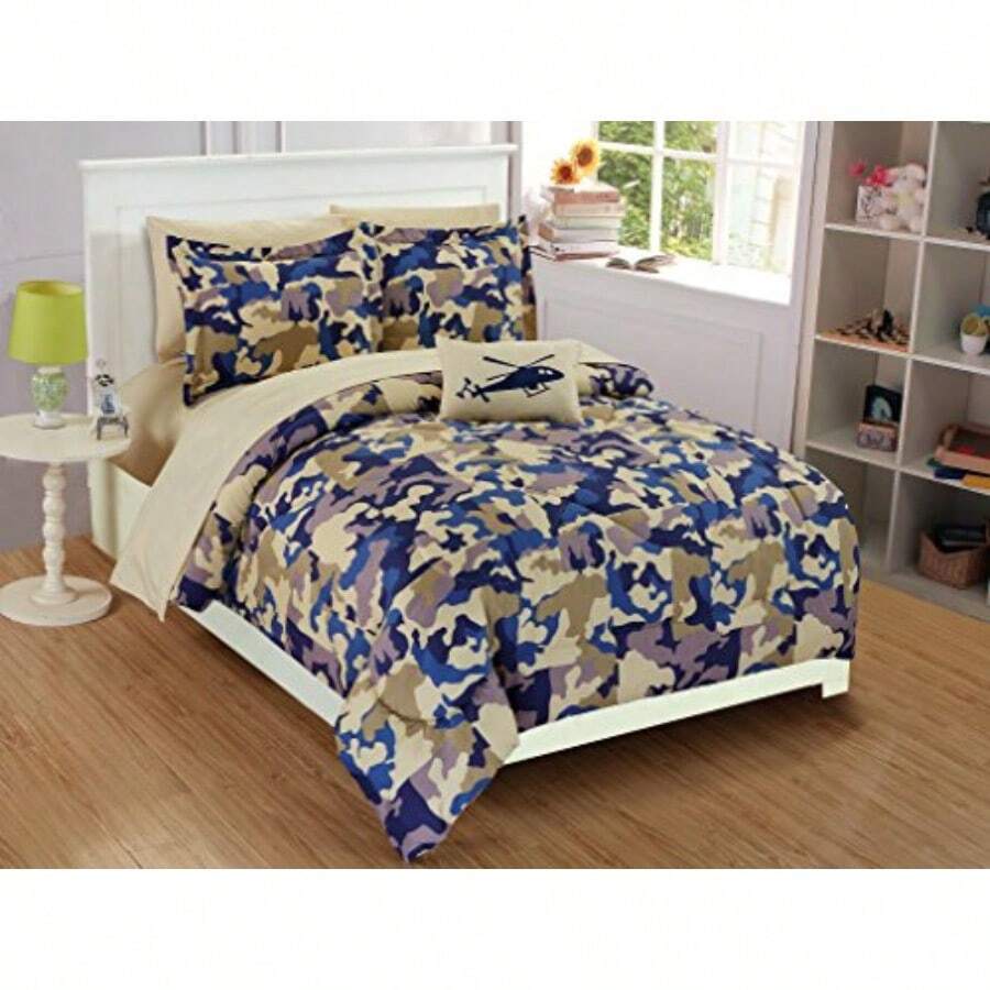 Twin - Fancy Collection 6pc /Teen Army Camouflage Beige Taupe Blue Comforter Set Twin Size New - Camuflaje - Ver 1