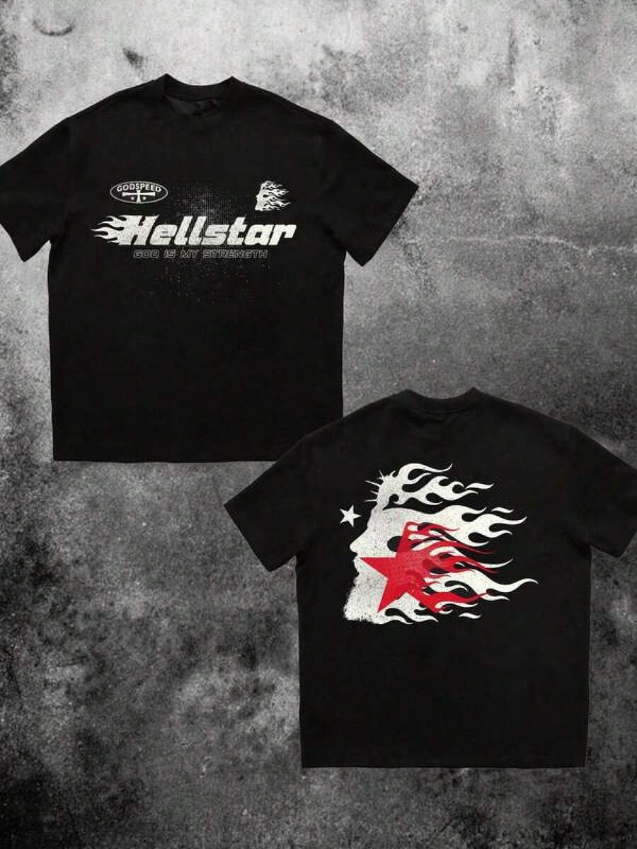 Graphic-Shirt Cotton Tees Size Plus,(220 Cotton T-Shirt Double-Sided Printing) 1pc Flame & Star Graphic T-Shirt, Y2K, Streetwear, Digital Print T - Shirt Casual Comfort Cotton Tee For Spring & Summer Fall Men's Clothing, Halloween Gift,Unisex ,Y2K,Oversized Shirt Men,Summer Tops - 黑色 - 查看 1