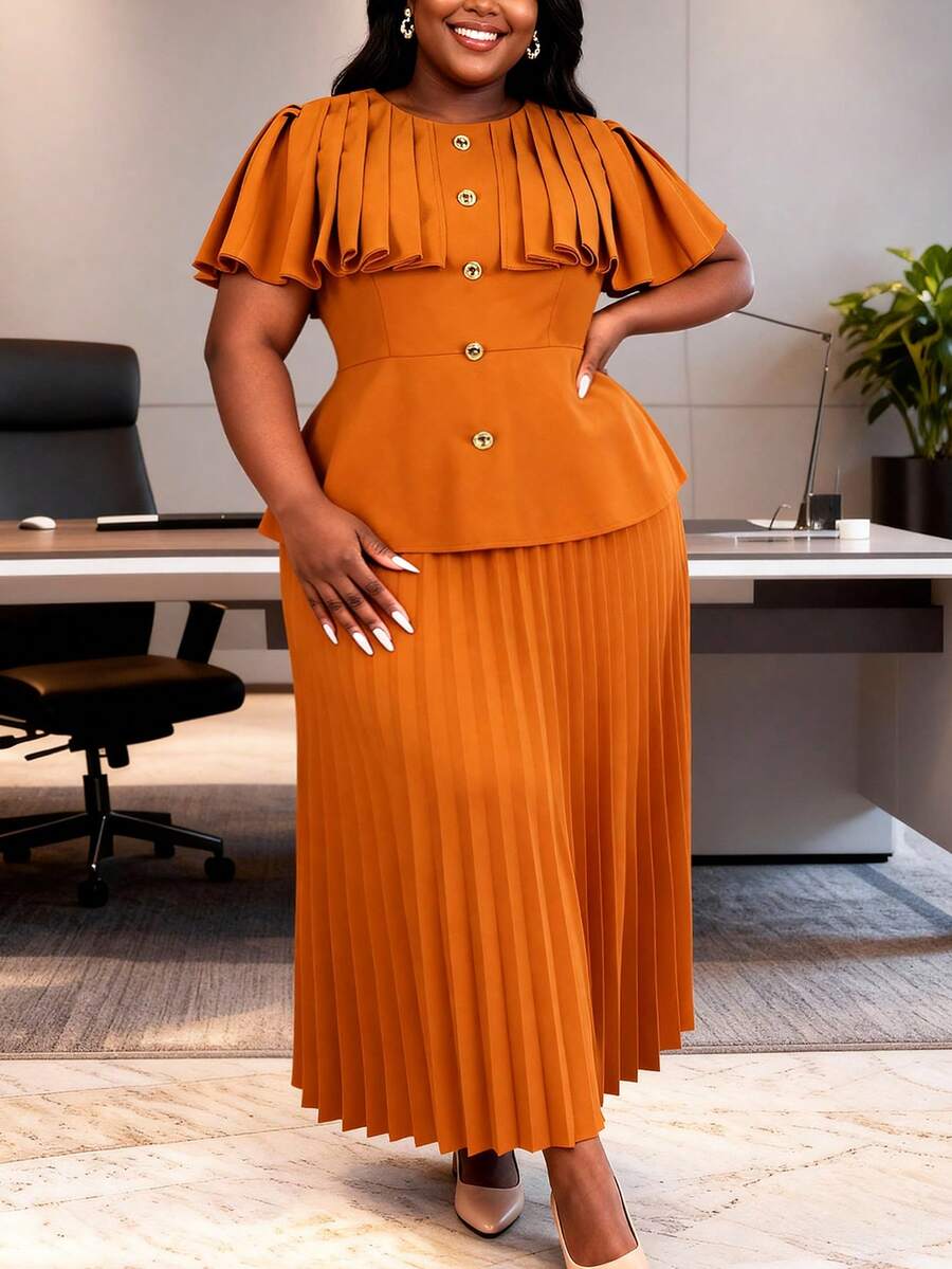 Plus Size Women Elegant Two Pieces Set Pleated A Line Skirt And Cape Style Peplum Blouse With Button Party Business Church Event Occasion - Brown - View 1