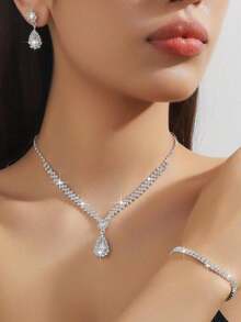 Bộ 4 món thời trang nữ sang trọng, đa năng, đính pha lê, bao gồm túi xách cầm tay, túi dự tiệc, túi đựng váy, và vòng cổ, bông tai, vòng tay. - Bạc - Xem 6