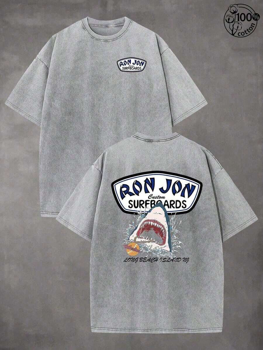 2026 New Arrival Vintage Western Washed Men Vintage Rodeo Style Comfort Tops Shark Surfing Pattern Men's Summer Round Neck Short Sleeved T-Shirt, Unisex T-Shirt, Comfortable And Fashionable, Men's Clothing, Washed Cotton High-Quality Double-Sided Printed T-Shirt, Suitable For Retro Street Style, Outdoor Sports And Leisure, Beach Travel And Other Occasions, Perfect Gift Casual Daily Outfits Streetwear Western Graphic Tee - 灰色 - 查看 1