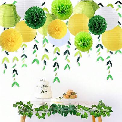 1 Set = 17pcs Orange Fresh Lantern Decor, Plush Ball, Faux Leaves For Wedding, Birthday Party, Ceiling Decoration, Suitable For Proposal, Wedding, Anniversary, Spring, Summer, Kids Birthday, Teacher, Living Room, Baby 1st Birthday, Green Paper Lantern & Flower Ball Set