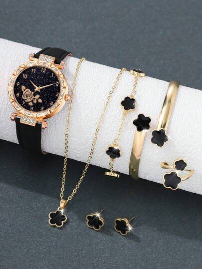 7Pcs Women's PU Leather Strap Quartz Watch Flower Bracelet Necklace Earnail Ring Jewelry Set Elegant Luxury Casual Minimalist Scale Dial Used For Daily Wear Party Decoration Or Valentine's Day Mother's Day Various Festival Gifts For Friends And Mothers