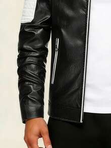 Áo khoác da PU nam AHTELB, áo khoác thể thao ngoài trời thường ngày, cổ đứng, phối màu đen tương phản, thích hợp cho mùa xuân. - màu đen - Xem 3