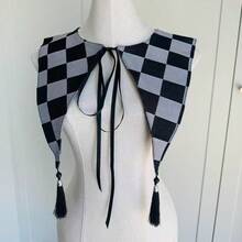 1 pezzo Scialle con colletto rimovibile a motivo romboide vintage con nappe, adatto per tutte le stagioni, accessorio scialle rimovibile per abiti e camicie in stile gotico lolita e vintage, spiaggia, vacanza - plaid nero e grigio - Visualizzare 3