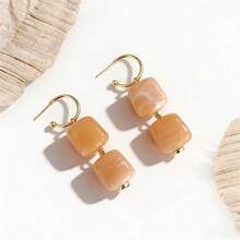 BMOR 1对法式复古奶油杏仁色和日落橙色亚克力仿天然石吊坠耳环，适合女士派对佩戴 - 方吊墜 - 查看 15