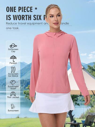 Áo khoác thể thao nữ nhẹ, mùa xuân/hè, màu trơn, có mũ trùm đầu co giãn, thích hợp cho các hoạt động ngoài trời, leo núi, đi biển và mặc hàng ngày.