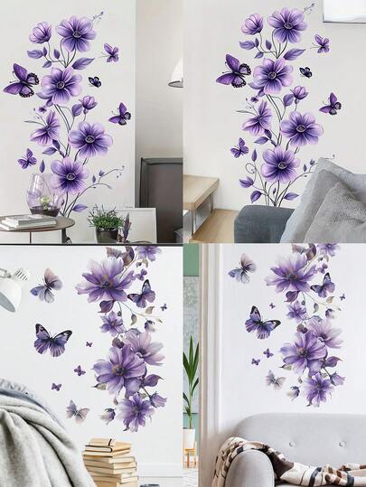 1 片紫色花卉蝴蝶墙贴，可移除花卉装饰，易于撕贴，壁画墙贴适用于客厅、卧室、门、走廊、沙发、电视背景墙、家居装饰
