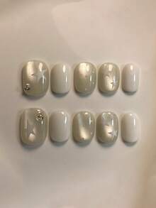10片手工短橢圓白色美甲貼片，香檳貓眼與手繪星星圖案水鑽裝飾，柔美夢幻風，適合女性與女孩，適用春夏秋冬、派對及日常美甲 - 白色 - 查看 2