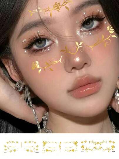 3 Sheets Bronzing Body Art Temporary Tattoo Stickers, Suitable For Women. The Pattern Is Golden Rose, Waterproof Fake Tattoo, Lasts 2-5 Days, Can Be Used For Face, Arms, Neck, Shoulders, Chest, Waist, Legs And Back. Ideal For Festivals, Parties, Gift Giving, Music Festivals, To Enrich Your Facial Makeup.