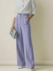 Women's High Waist Pleated Loose Fit Trousers, Suitable For Work And Casual Wear, Spring/Summer - Light Purple - 查看 3