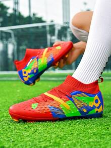 1 par de zapatos de fútbol profesionales para hombres con tacos FG, diseño de calcetín con contraste morado-rosa, adecuados para entrenamiento en césped artificial, para todas las temporadas - versión con tachuelas rojas - Ver 6
