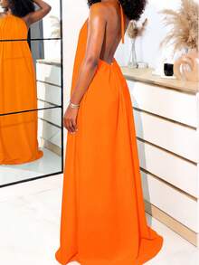 Solid Color Beach Casual Vacation Style Halter Backless Dress - Orange - View 3