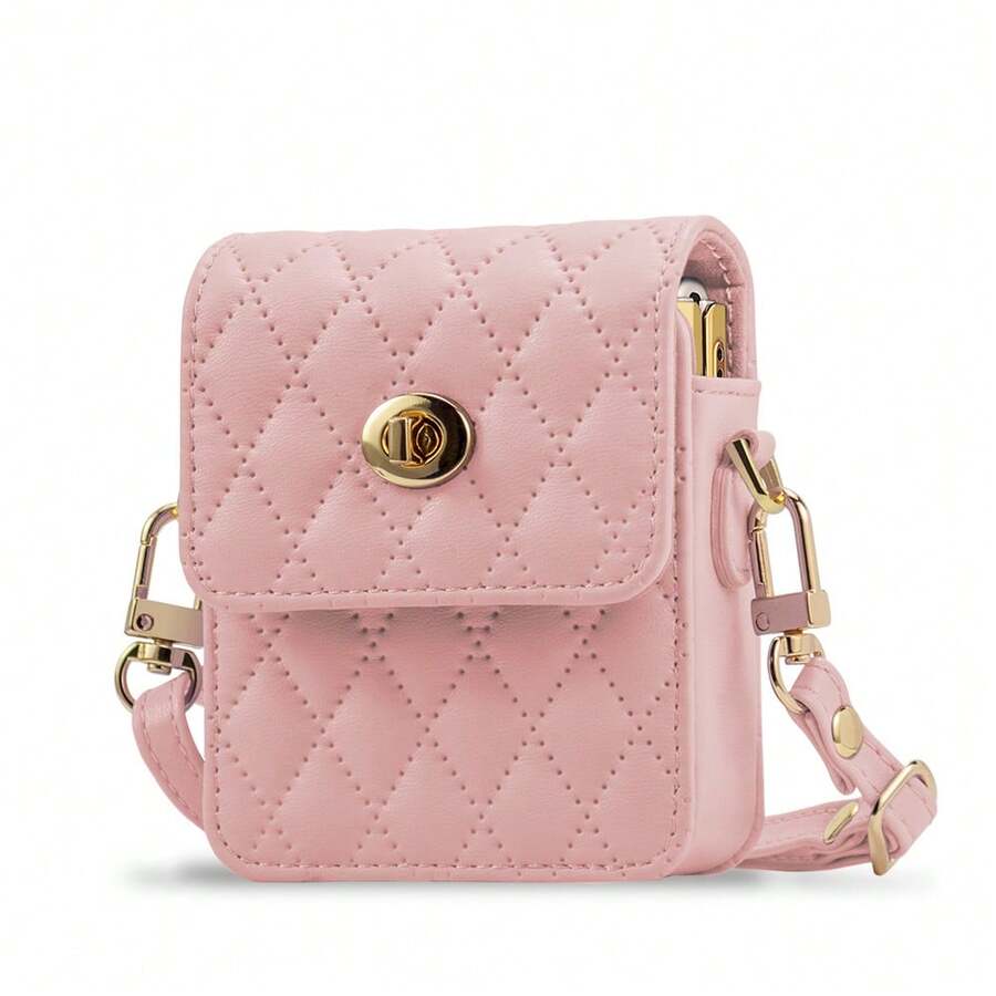 VIETAO Pink Leather Handbag Style Cardholder Crossbody Z Flip Series Mobile Phone Bag Compatible With Samsung Galaxy Z Flip 6 5 4 3 5G Portable Leather Bag With Long Strap Wallet Card Case Spring Gift Anniversary - Pink - View 1
