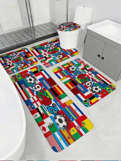 3/5pcs 2026 World Cup Country Flag Football Fans Bathroom Mat Set, Includes Toilet Lid Cover, U-Shaped Toilet Mat, Bathroom Door Mat, Vanity Mat, Bathtub Large Mat - Made Of Flannel, Memory Foam & Polyester, Washable, Mildew Resistant Bathroom Accessories - Suitable For All Seasons, Home/Hotel/Dorm/Outdoor, Back To School Essential, Housewarming Gift, Football Lover Gift